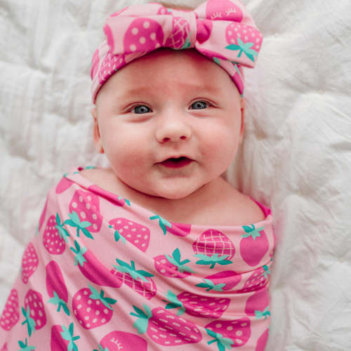 Sweet Strawberries Swaddle & Luxe Bow Headband Set