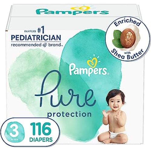Diapers Size 3, 116 Count - Pampers Pure Protection Disposable Baby Diapers, Hypoallergenic and Unscented Protection, Enormous Pack (Packaging & Prints May Vary)