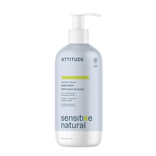 ATTITUDE Body Lotion for Sensitive Skin with Oat, EWG Verified, Dermatologically Tested, Vegan, Extra Gentle, Unscented, 16 Fl Oz