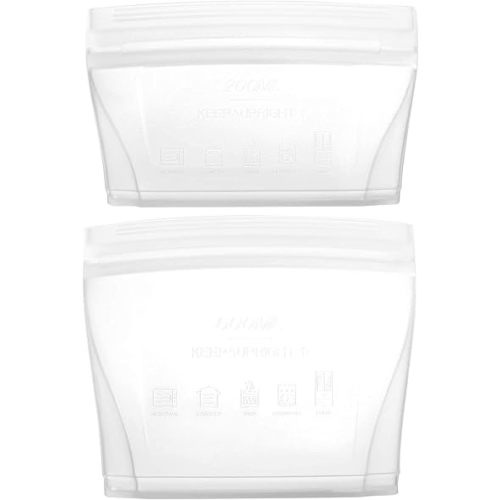 Reusable Silicone Food Bag, Leakproof Zip Stand Up Storage Bags Container for Sandwich Fruit Snack Vegetables Washable Bpa Free Dishwasher Safe.(2-piece white)