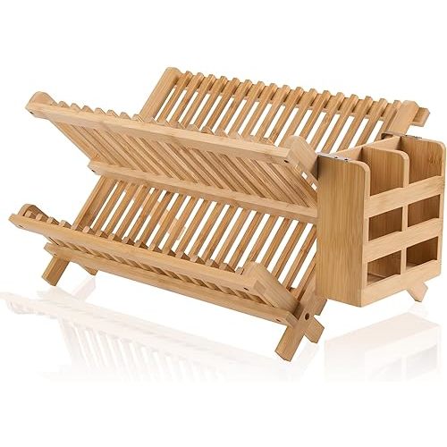 Bamboo Dish Drying Rack-2 Tier, Collapsible Small Dish Rack with Utensil Holder, Wooden Drying Rack for Kitchen Counter, Apartment Essentials Kitchen Plate Holder, Kitchen Organization