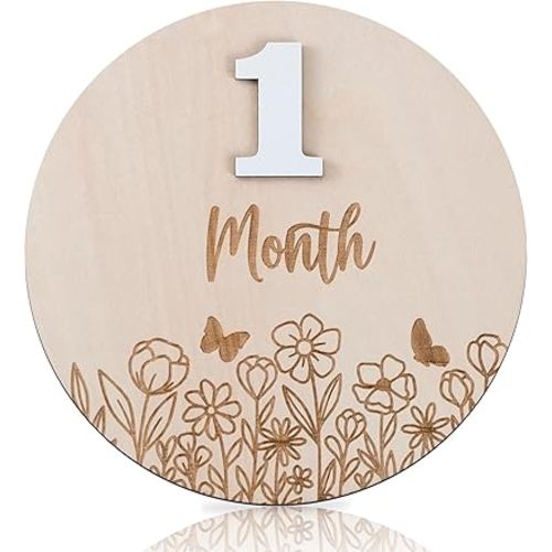 Wildflower Baby Monthly Milestone, Wooden Baby Milestone Signs, Monthly Milestone Wood Discs, Baby Photo Props Cards Interchangeable Number Set of 12 for Baby Growth Recording
