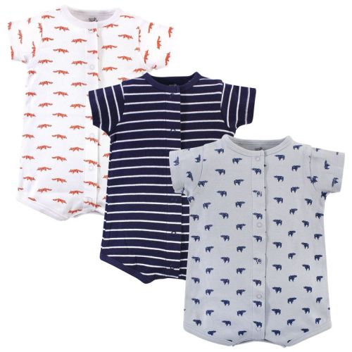 Touched By Nature Baby Boy Organic Cotton Rompers 3pk, Geometric Bear, 6-9 Months