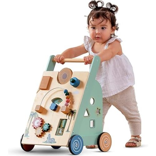 Wooden Activity Walker for Baby Boy & Girl - Push Behind Baby Walker with Wheels for Learning to Walk - Toddler Walking Montessori Toy - Standing Wood Walkers for Babies 18 Months+