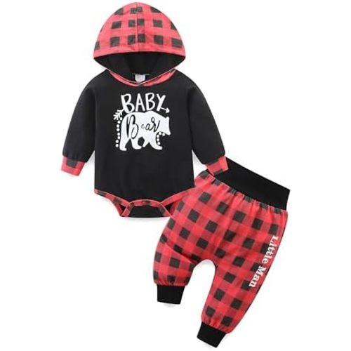 Newborn Baby Boy Clothes Mamas Letter Print Plaid Hoodies Long Sleeve Tops Long Pants 2PCS Sweatsuit Set