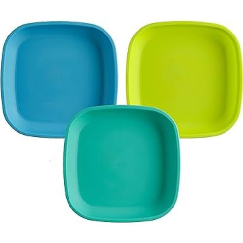 Re Play Made in USA 3pk - 7.37" Plates with Deep Sides for Easy Baby, Toddler, Child Feeding - Sky Blue, Aqua, Lime Green (Under the Sea) Eco Friendly Heavyweight Recycled Polypropylene