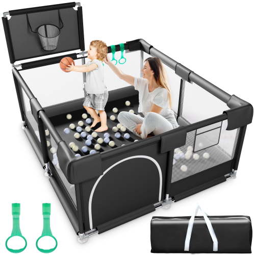TEAYINGDE Baby Playpen, Play Yard, Baby Playards, 50"x50" Infant Travel Fence with Basket, Black