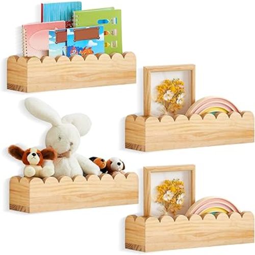 Pinkunn Set of 4 Scalloped Floating Shelves, 15.6 Inch Scalloped Shelves for Nursery,Natural Wood Nursery Book Shelves Scalloped Book Shelf for Kids Toddlers Nursery Bedroom Wall Decor