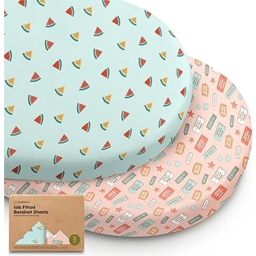 2-Pack Baby Bassinet Sheets Girl, Boy - Viscose Derived from Bamboo Fitted Bassinet Sheets Compatible with Halo Bassinest Swivel Sleeper, Baby Delight,Graco Bedside Bassinet Mattress Sheet (Beach Day)