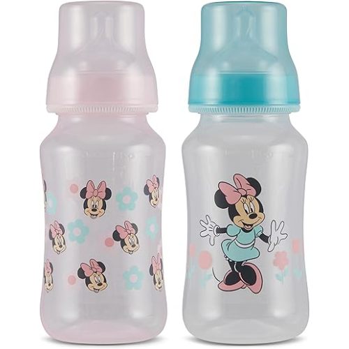 Disney Minnie Mouse Baby Bottles 11 oz for Boys or Girls | 2 Pack of Infant Hourglass Shaped Bottles with Cover for Newborns and All Babies | BPA-Free Plastic Baby Bottle for Baby Shower