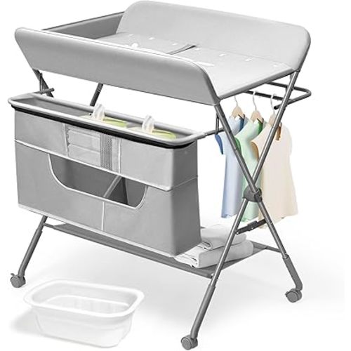 Baby Changing Table with Wheels Diaper Changing Station Portable Changing Table Adjustable Height Nursery Organizer & Storage Rack for Newborn Baby and Infant