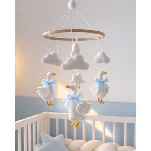 Cute Blue Goose Baby Mobile | Handmade Felt Nursery Duck Crib Mobile, Cloud & Star Decor – Artparle®