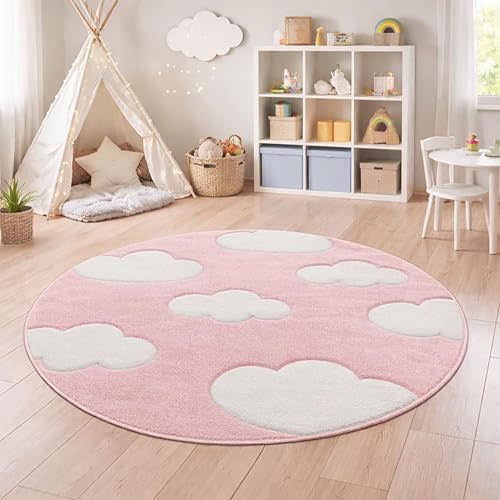 Paco Home Modern Kids Rug with Clouds in Pink Pastel for Nursery, Size: 6'7" Round