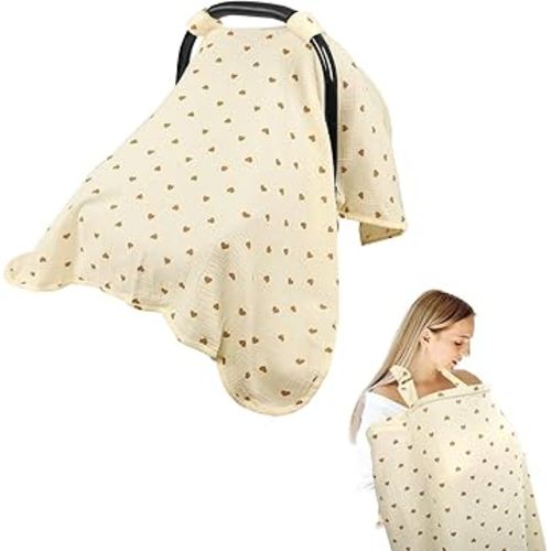 Hooyax 2-in-1 Baby Car Seat Cover & Nursing Cover, 100% Muslin Cotton, Breathable Car Seat Canopy and Privacy Breastfeeding Cover, Tiny Heart