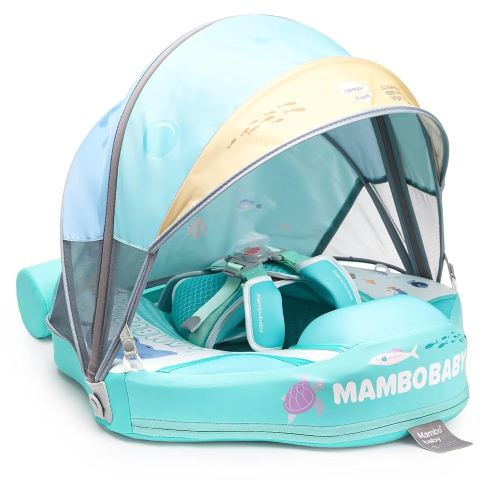 2024 Mambobaby Baby Float with Canopy & Tail Infant Swim Float Non-Inflatable Toddler Pool Float with Skin-Friendly Material for 3-24 Months Baby Boys Grils