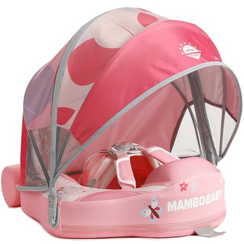 Mambobaby Float with Canopy Size Improved Non Inflatable Infant Baby Pool Float Smart Mambo Float Swim Trainer Add Tail Baby Swim Float Mambo Baby Float Solid Air Free Water Waist Swimming Ring