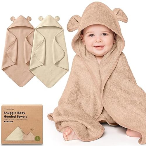 KeaBabies 2-Pack Hooded Baby Towels for Newborn - 30x30 Soft & Absorbent Viscose from Bamboo Baby Bath Towels with Hood for Infant, Toddler,Kids,Boys Girls,Newborn Bath Essentials (Almond, Petite)