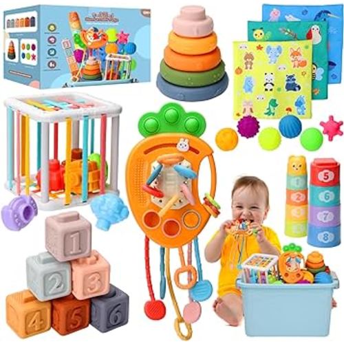 Baby Toys 6 to12 Months, 7 in-1 Montessori Toy for 6-9-12-18 Month Old with Pull String Toy, Sensory Bin Toys, Stacking Baby Blocks & Soft Infant Ring & Sensory Ball, Stacking Cups for Toddler Gift