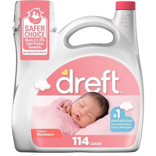 Dreft Stage 1 Newborn Baby Laundry Detergent Liquid, HE Compatible, 114 Loads, Laundry Soap for Sensitive Skin, Baby Laundry Detergent, Newborn Essentials
