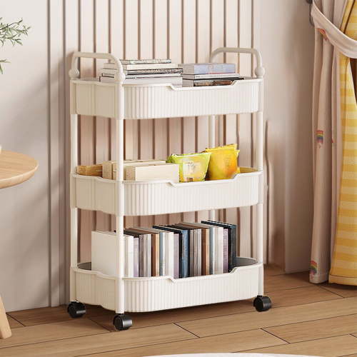 3-Tier Rolling Storage Cart with Armrests, Plastic Mobile Utility Rack for Kitchen Bathroom Living Room, Brown