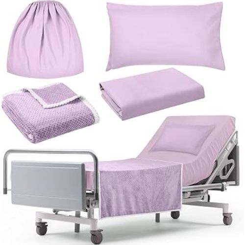 SmoothNovelty 4 Pcs Hospital Bed Sheets Set, Soft Knitted Standard Sheets Quality, Include Fitted Sheet, Quilt Cover, Pillow Case and Blanket (Purple)