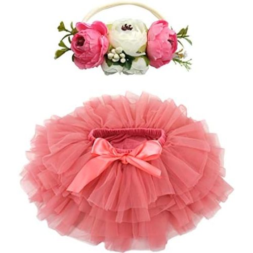 BGFKS Baby Girls Soft Fluffy Tutu Skirt with Diaper Cover,Toddler Girl Tutu Skirt Sets with Flower Headband.