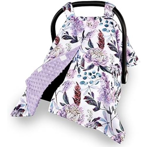 Purple Baby Car Seat Canopy Soft Minky Plush Dotted Backing Baby Car Seat Cover Girls, Infant Carseat Canopy, Multi-use Nursing Cover for Stroller/High Chair/Shopping Cart/Car Seat Canopies