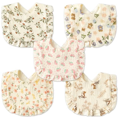 Zainpe 5Pcs Snap Muslin Cotton Baby Drooling Bibs with Flounce Lace Absorbent Layers Soft Burp Cloths for Infant