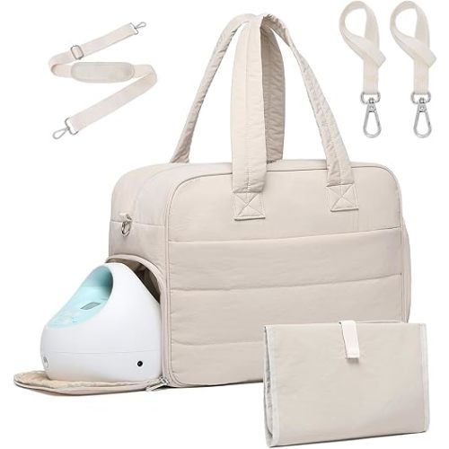 Diaper Bag with Breast Pump Laptop Compartment, Puffer Quilted Tote Bag with Baby Changing Pad Stroller Buckle Straps