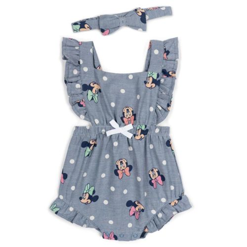 Disney Minnie Mouse Baby Girls Square Neck Chambray Romper and Headband Newborn to Infant