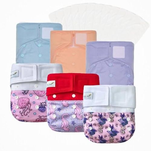 KAWAII BABY Fast Changing Cloth Diaper Pack - 6 Heavy Duty Hook & Loop Diapers with 12 Diaper Inserts One Size Adjustable Washable Reusable to fit Babies 8-36 lbs