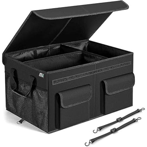 MIU COLOR Car Trunk Organizer with Lid, Collapsible Car Storage Organizer with Reinforced Leather Handles, Non-Slip Bottom, Trunk Organizer for SUV, Van, Jeep (Black with Strap, Extra Large)