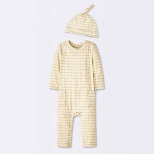 Baby Jacquard Checkered Romper & Hat - Cloud Island™ Tan 0-3M