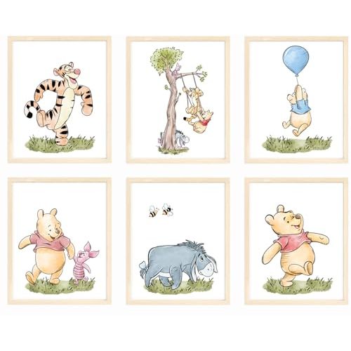Nistio® Winnie the Pooh Posters, Winnie the PoohKids Wall Art, WoodlandNursery Art Prints for Boys and Girls, Adorable Posters for Baby Room, Unframed Set of 6 (8x10)