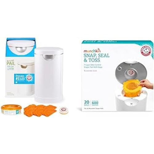 Munchkin® PAIL™ Diaper Pail, Powered by Arm & Hammer, Includes 26 Snap, Seal and Toss™ Bags, 1 Starter Refill Ring, and 1 PUCK™ Baking Soda Cartridge