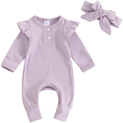 Newborn Baby Girls Clothes Infant Ruffle Knit Romper Long Sleeve Ribbed Bodysuit Onesie Jumpsuit Headband Coming Home Outfit