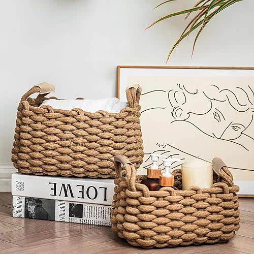 2 Pack Rectangle nursery basket, Cotton Rope Foldable Baskets, Hand Woven Cube Storage bins for Jewelry, Remote, Fruits, Shelf storage basket, Cute baby storage woven basket(Camel)
