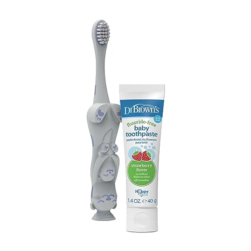 Dr. Brown's Baby and Toddler Toothbrush, Gray Otter and Strawberry Flavor Toothpaste, 1-4 Years