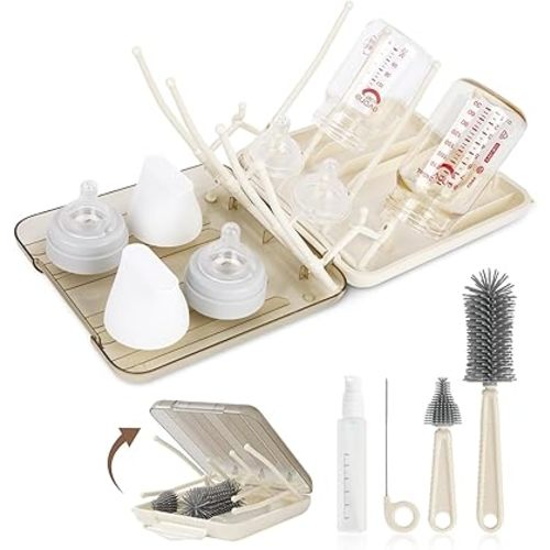 Baby Bottle Brush Set, 6-in-1 Travel Bottle Cleaning Kit with Silicone Bottle Brush, Nipple & Straw Brush, Soap Dispenser, Drying Rack & Storage Box – Compact Baby Essential for Home & On-The-Go