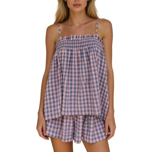ROAONOCOMO Women Gingham 2 Piece Pajama Set Flowy Peplum Babydoll Cami Top Wide Leg Shorts Sets Summer Lounge Outfit