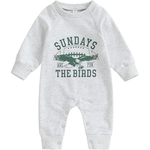BULINGNA Baby Boy Girl Football Jumpsuit Sundays are for The Birds Eagles Romper Playsuit Fall Winter One Piece Outfit