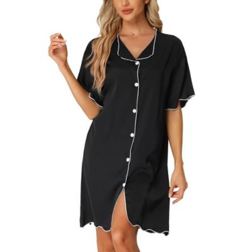 cheibear Women's Satin Short Sleeve Sleepshirt Button Down Pajama Nightgown Black Large