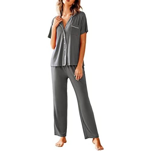 Avidlove Women Pajamas Set Notch Collar Soft Sleepwear Pjs Short Sleeve Button Down Nightwear with Long Pants
