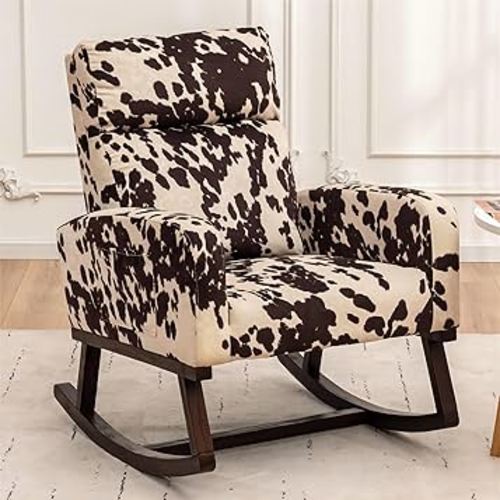 Rocking Chair Nursery, Nursering Rocker Armchair with High Backrest, Comfy Rocking Chair for Nursery, Living Room,Bedroom, Cow
