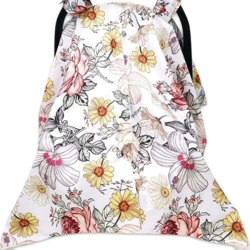 Floral Baby Car Seat Canopy Soft Plush Dotted Backing Baby Car Seat Cover Girls, Infant Carseat Canopy, Stretchy Multi- use Nursing Cover for Stroller/High Chair/Shopping Cart/Car Seat Canopies