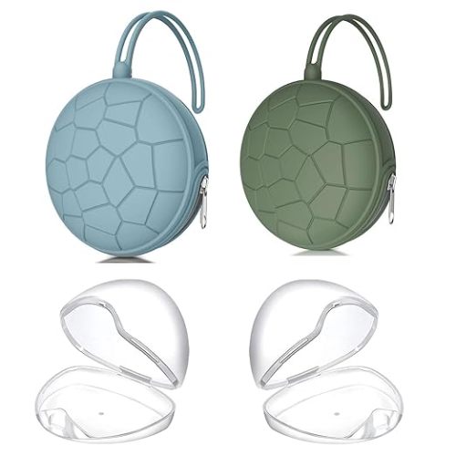 Smlpuame 4 Pack Pacifier Holder Case Set,2 Silicone Portable Pacifier Cover Pouch Bag for Diaper Bag Baby Carriage with 2 Transparent Pacifier Storage Container Box,Easy to Clean,Classic(Blue & Green)