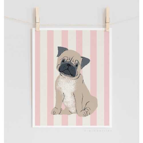 Pink Pug Print, Dog Nursery Wall Art, Pug Puppy Poster, Pink Stripes, Striped background, Cute and Fun Poster, Digital Printable