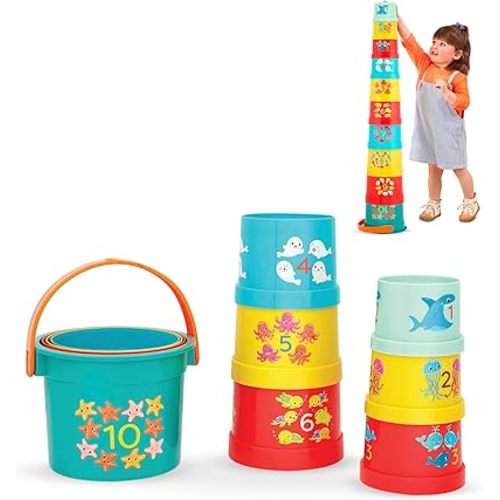B. toys- Stacking Buckets – 10 pcs – Sort & Stack Colorful Nesting Cups – Bath & Backyard – Stackable Learning Toy – Toddler, Kids –Bazillion Buckets- 18 months +
