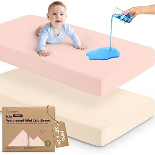 2-Pack Waterproof Pack and Play Sheets, Mini Crib Sheets Fitted for Boy, Girl - 38 x 26 Viscose from Bamboo Pack N Play Mattress Sheets for Graco, Toddler Playard Baby Crib Sheets Neutral (Mist Rose)