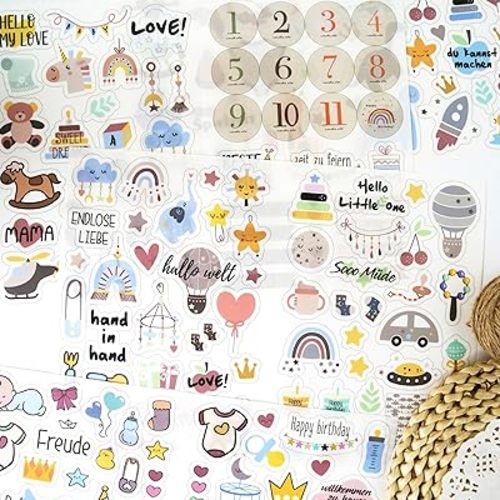 4 Sheets Baby Boy Scrapbook Stickers - Newborn Journal Stickers for Memory Book, Baby Shower, Milestone, Planner - Cute Pastel Decals with Animals, Toys, Balloons & Lettering